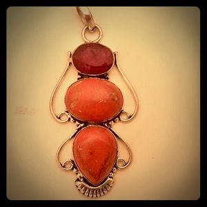 Coral & Ruby Gemstone Sterling Pendant